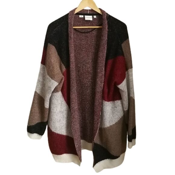 Junarose Abstract Color Block Print Open Front Chunky Knit Cardigan Plus Size 0X - Picture 2 of 12
